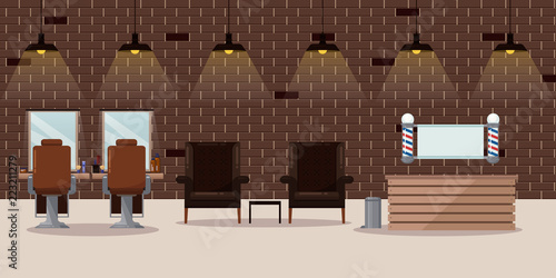 Barbershop modern loft interior, vector flat illustration. Reception desk and barber workplace design elements