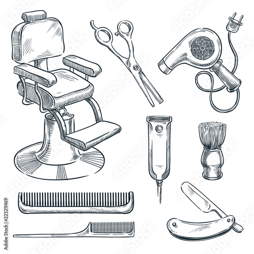 Barbershop vintage tools vector sketch illustration. Hand drawn icons and design elements for mens barber shop
