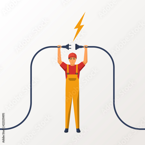 Electrical outlet and plug in the hands of the worker. Unplug, plugged socket. Vector illustration flat design. Connecting power plug. Isolated on background. Professional electrician.