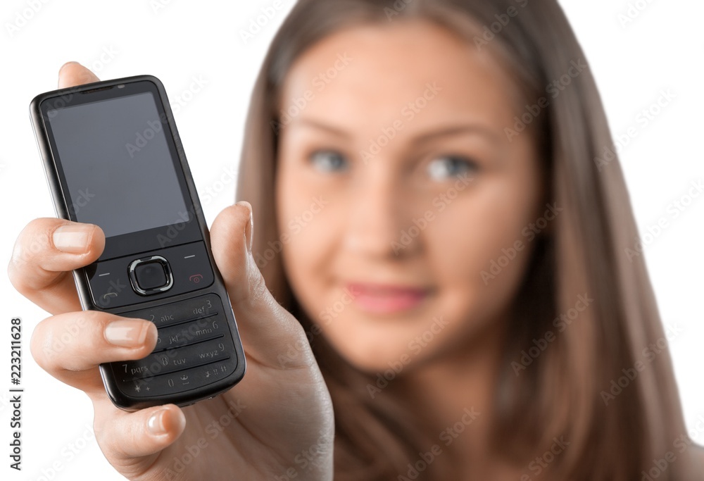 Close-up portrait of young woman with phone isolated on white Close-up portrait of young woman with phone isolated on white