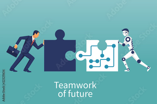 Businessmen and robot connecting puzzle elements. Vector illustration flat style design. Combining two pieces. Symbol of working together cooperation partnership. Business concept. Teamwork metaphor.