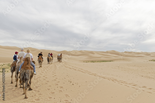Mongolia, Gobi Desert – caravan of tourists.