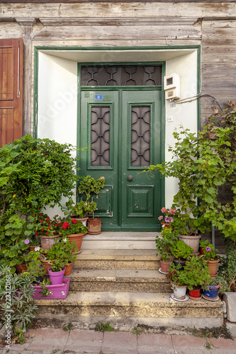 Classic and elegant house entrance with flowers at Tenedos (Bozcaada) Island by the Aegean Sea