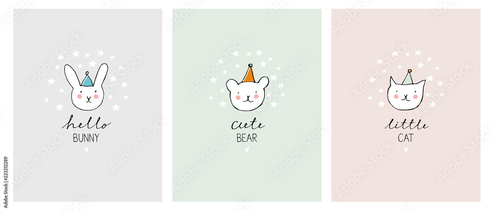 Set of Cute Hand Drawn Decorative Pets Illustration. Pastel Colors. White Cat, Bunny and Bear. Hand Written Letters. White, Pink, Grey and Mint Green Infantile Cards. Lovely Candy Posters.