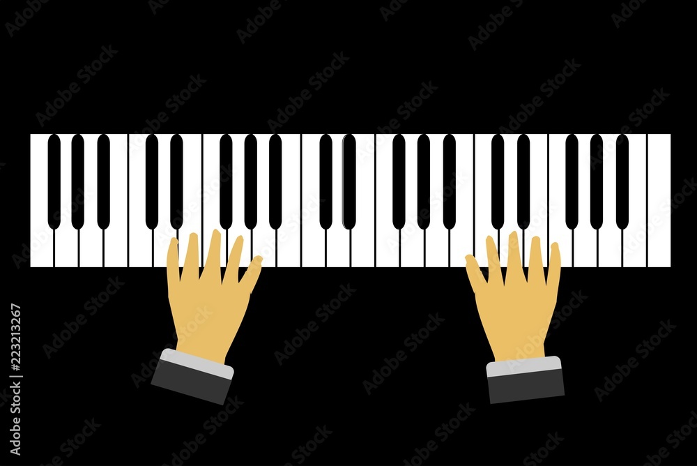 Fototapeta premium Close up hands are playing piano from the high angle on black background