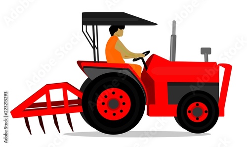 Man is driving a red tractor on white background