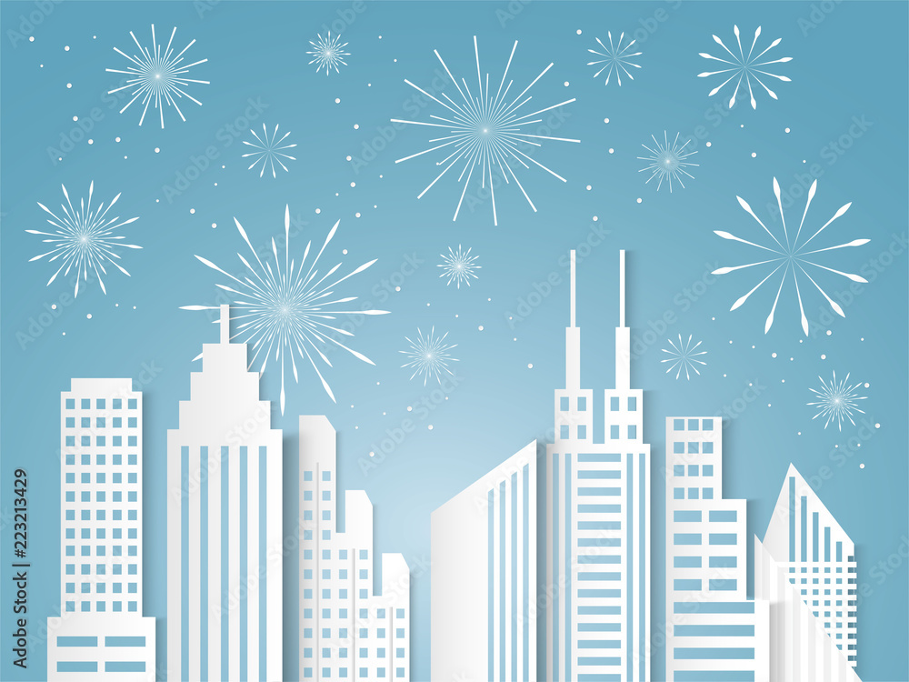 Christmas and happy new year blue vector background with cityscape and fireworks celebration concept, paper art design