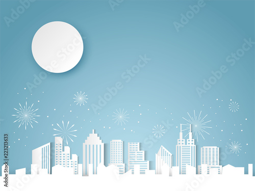 Christmas and happy new year blue vector background with cityscape and fireworks celebration concept  paper art design