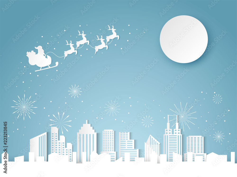 Christmas and happy new year blue vector background with Santa claus and reindeer, cityscape and fireworks celebration concept, paper art design