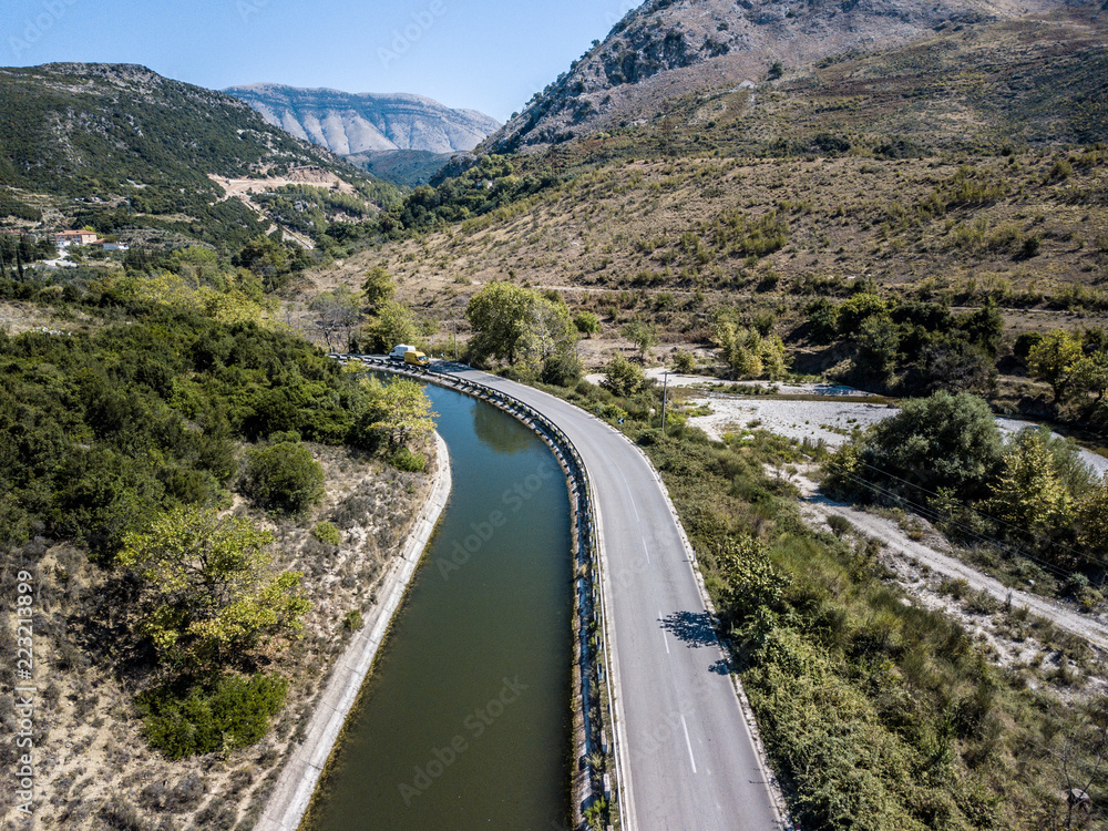 Aerial drone view of vehicle on road in Albania