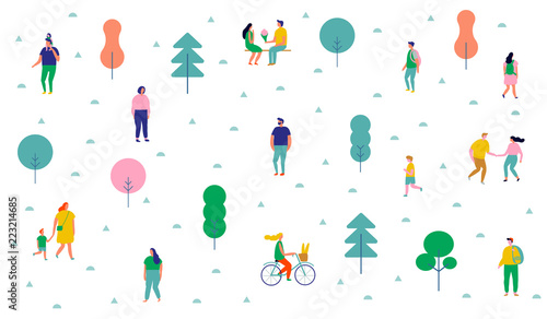 Different people in park.  Flat Vector illustration on white background.