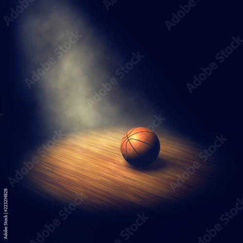 Ball on basketball court lit by spotlight, Basketball arena © nobeastsofierce