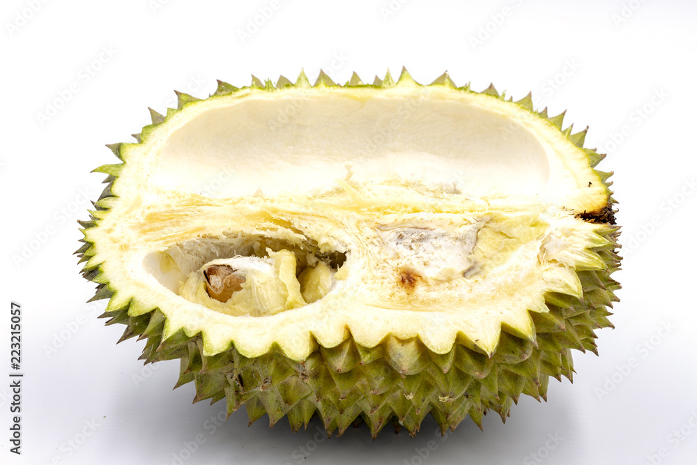 Fototapeta premium Tropical fruit durian half cut on white background. Tasty fruit with awfull smell. Exotic fruit durian half cut