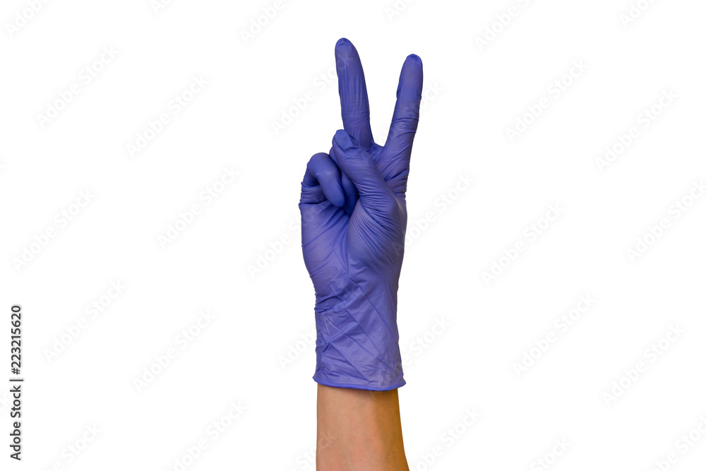 Male or female hands in rubber gloves of different colors isolated on white background showing different gestures. Concept of the work of a surgeon, cook, housewife Male or female hands in rubber gloves of different colors isolated on white background showing different gestures. Concept of the work of a surgeon, cook, housewife