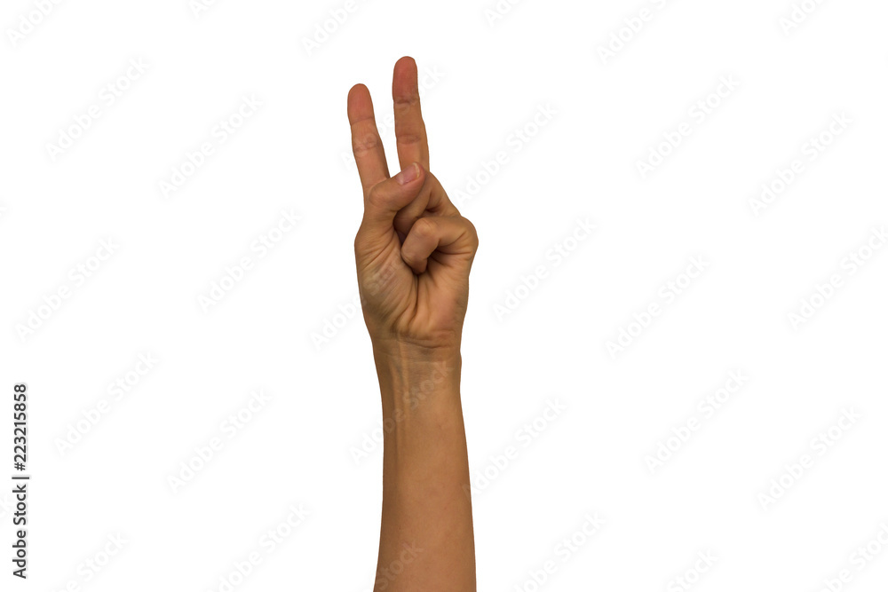 Female hand on a white background shows different gestures. Isolate Female hand on a white background shows different gestures. Isolate