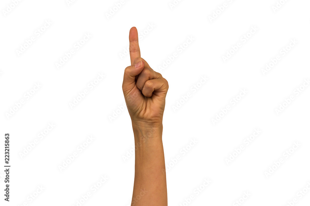 Female hand on a white background shows different gestures. Isolate Female hand on a white background shows different gestures. Isolate