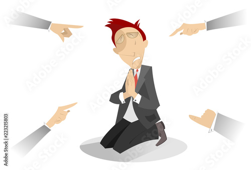 Man scapegoat crying and standing in the kneels concept illustration. Crying and standing in the kneels man surrounded by hands point fingers to him isolated on white illustration
