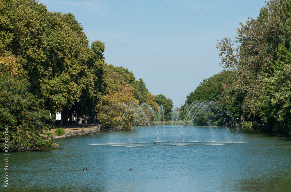 panorama of new pond with waterfall in Mulhouse - France