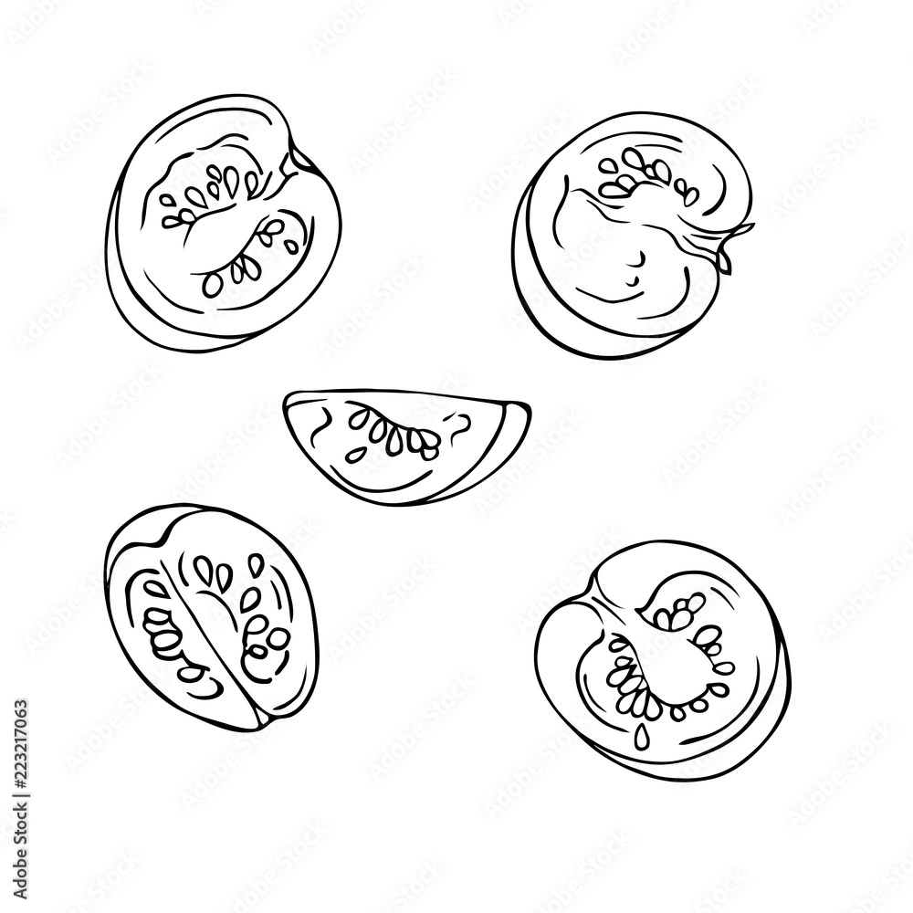 Set of cherry tomato slices isolated on white background. Hand drawn vector illustration. Set of cherry tomato slices isolated on white background. Hand drawn vector illustration.