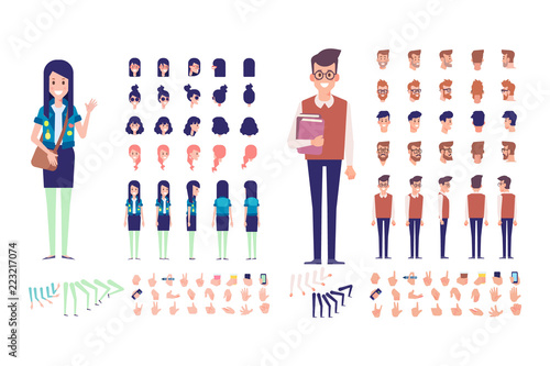 Front, side, back, 3/4 view animated characters. Boy and girl students characters creation set with various views, hairstyles, poses and gestures.Cartoon style, flat vector illustration.
