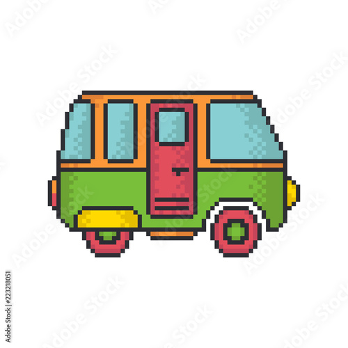 Retro minivan pixel art style vector icon on white background.