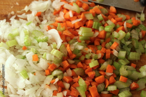 Cuadro en lienzo Italian soffritto with minced onion, carrott and celery