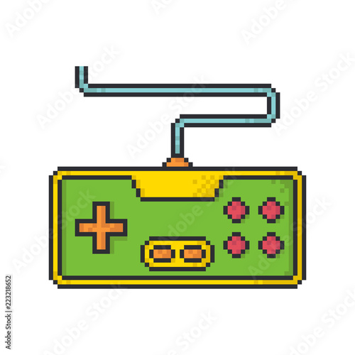 Retro game controller pixel art style vector icon on white background.