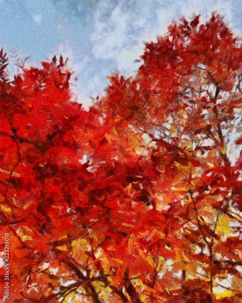Oil painting. Art print for wall decor. Acrylic artwork. Big size poster. Watercolor drawing. Modern style fine art. Beautiful autumn landscape. Tree with red leaves Oil painting. Art print for wall decor. Acrylic artwork. Big size poster. Watercolor drawing. Modern style fine art. Beautiful autumn landscape. Tree with red leaves