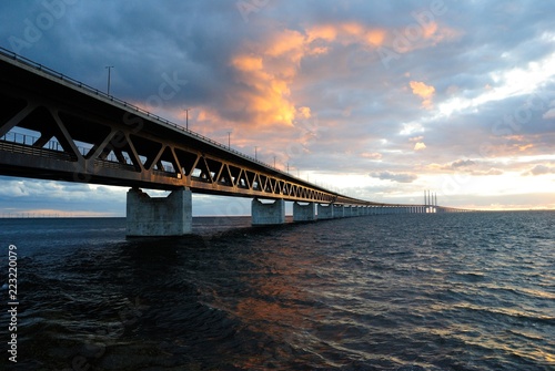 The Øresund (Oresund) Bridge seen from the Sweden side on sunset