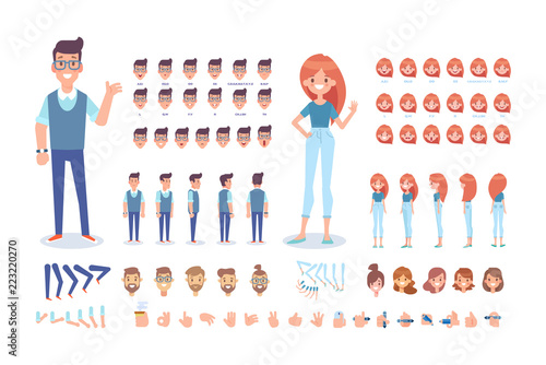 Front, side, back, 3/4 view animated characters. Young people creation set with various views, hairstyles and gestures. Cartoon style, flat vector illustration.