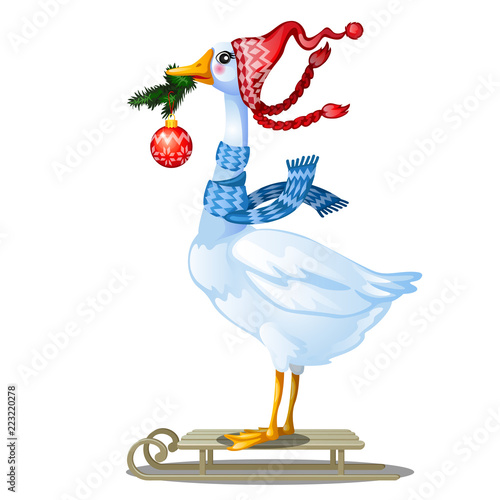 Cute animated goose in knitted winter cap with pompom holding in its beak a twig of fir with a glass Christmas ball isolated on white background. Poultry sledding. Vector cartoon close-up illustration