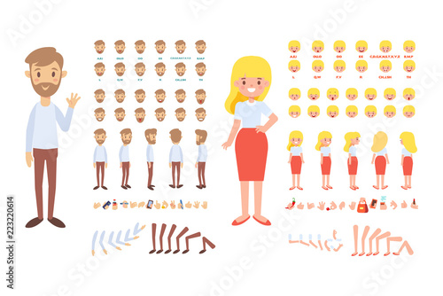 Front, side, back, 3/4 view animated characters. Man and woman creation set with various views, hairstyles and gestures. Cartoon style, flat vector illustration.