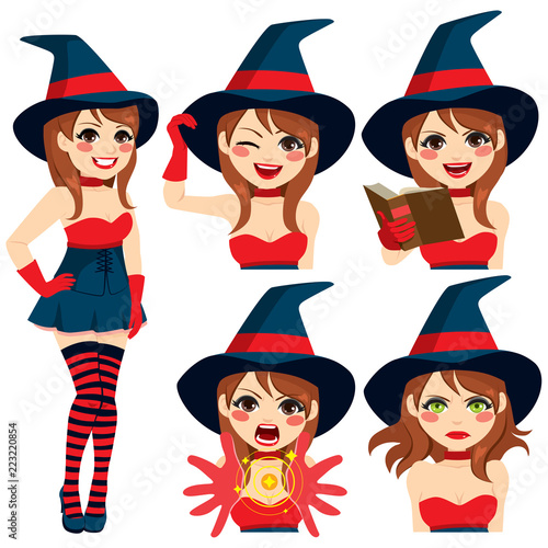 Halloween witch girl with four different face expression and actions