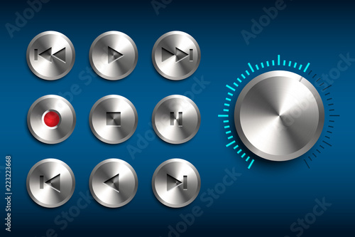 Retro technic interface. Vector set of metal buttons isolated on blue background.