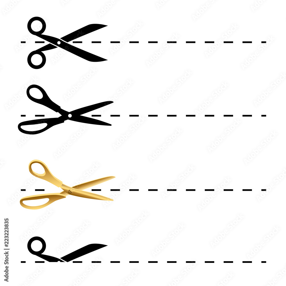 Vector coupon or stickers borders. Dashed line with scissors set. Vector coupon or stickers borders. Dashed line with scissors set.