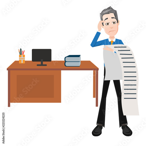confused worker employee businessman thinking with a long task list in hand office table in the back