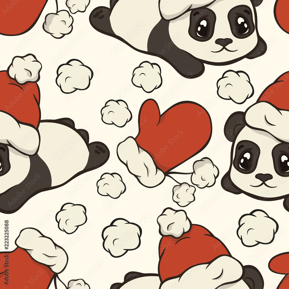 Christmas seamless pattern for children with pompon, mittens and panda bear in red Santa's hat cartoon character. Repeated pattern. Merry Christmas and Happy New Year design in funny style. Xmas mood. Christmas seamless pattern for children with pompon, mittens and panda bear in red Santa's hat cartoon character. Repeated pattern. Merry Christmas and Happy New Year design in funny style. Xmas mood.