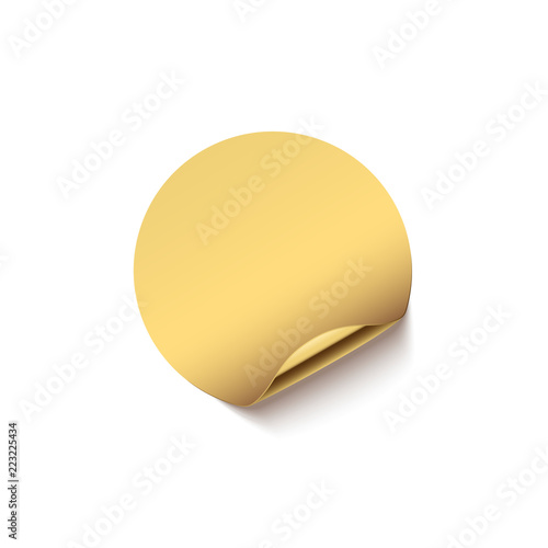 Golden sticker with curved edge isolated on white background. Vector design element.