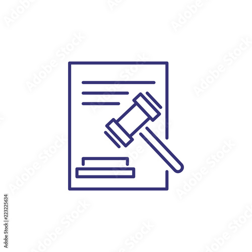 Court decision line icon. Judge gavel and document. Justice concept. Can be used for topics like court, judicial hearing, crime, adjudication