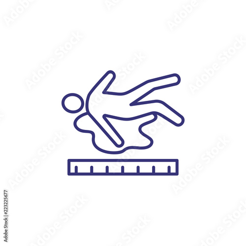 Crime scene with ruler icon. Man lying in blood. Murder, investigation, evidence. Justice concept. Vector illustration can be used for topics like police, crime, forensics