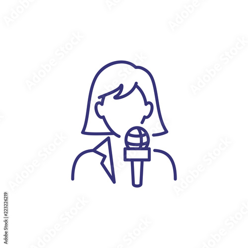 Journalist line icon. Woman with microphone, reporter, correspondent. Occupation concept. Can be used for topics like news agency, report, broadcast, press conference