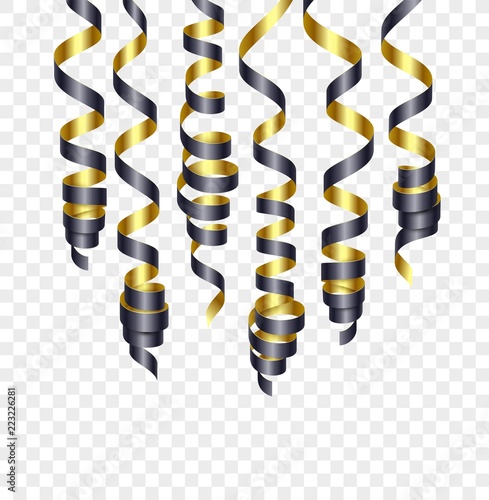 Party decorations black and golden streamers or curling party ribbons. Vector illustration
