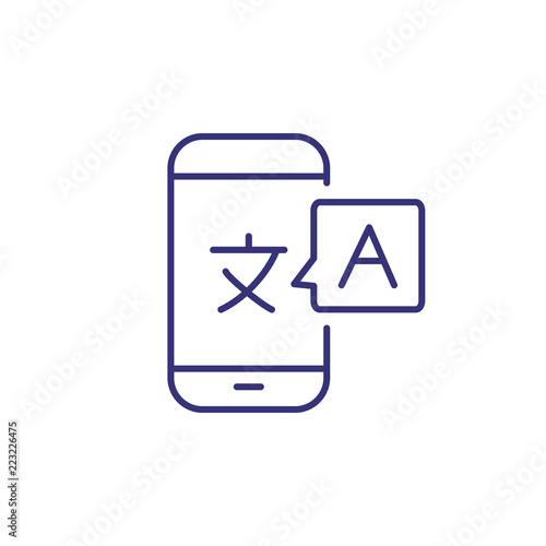 Online translator line icon. Hieroglyph on phone screen and English letter in speech bubble. Translating concept. Can be used for topics like mobile app, machine translation, global communication