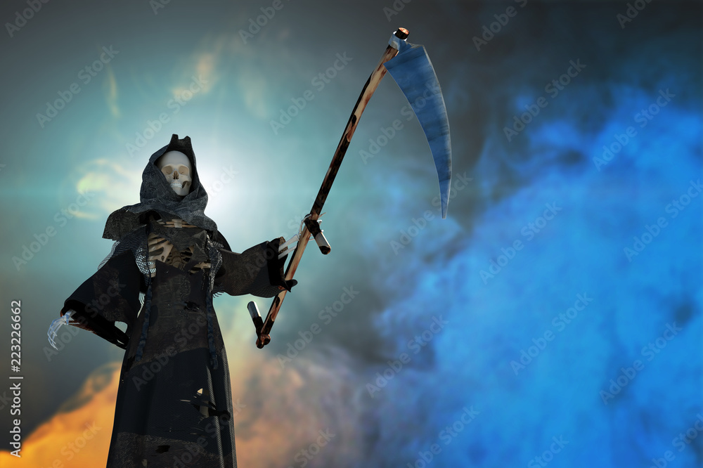 Obraz premium 3D Illustration of a death in the hood, grim Reaper standing on Halloween background