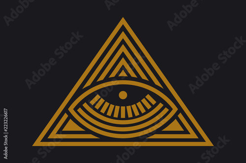 All seeing eye in delta triangle. Pyramid and freemasonry icon, new world order emblem