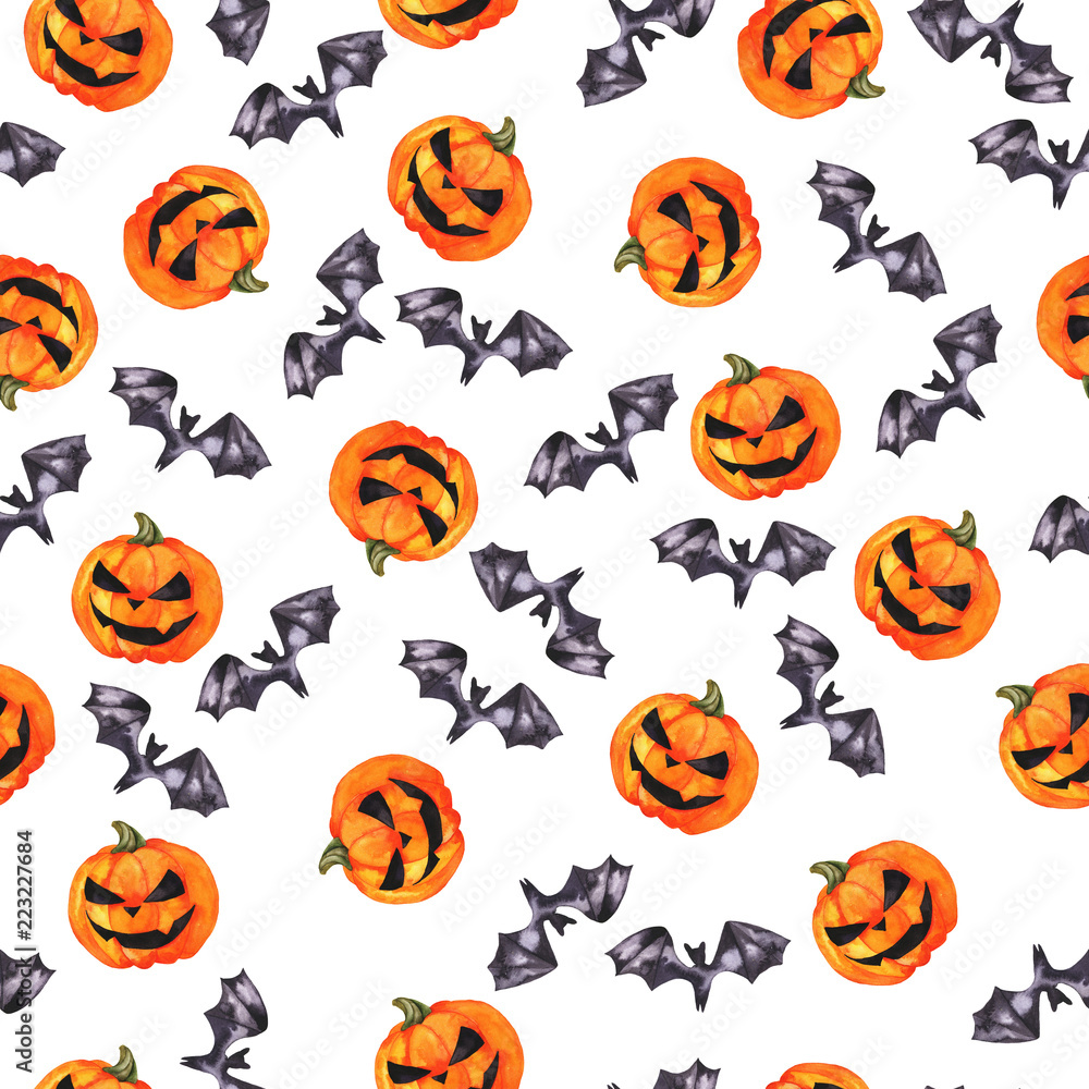 Seamless pattern with orange jack o lantern and dark bats on white background. Hand drawn watercolor illustration. Seamless pattern with orange jack o lantern and dark bats on white background. Hand drawn watercolor illustration.