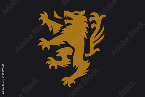 A pet dog or wolf animal in a rampant heraldic coat of arms pose standing on hind legs