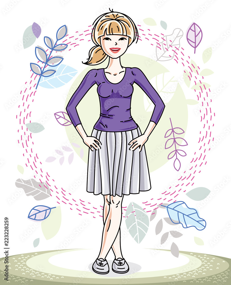 Happy young blonde woman posing on background of spring landscape and wearing fashionable casual clothes. Vector attractive female illustration. Springtime fashion and lifestyle theme cartoon. Happy young blonde woman posing on background of spring landscape and wearing fashionable casual clothes. Vector attractive female illustration. Springtime fashion and lifestyle theme cartoon.