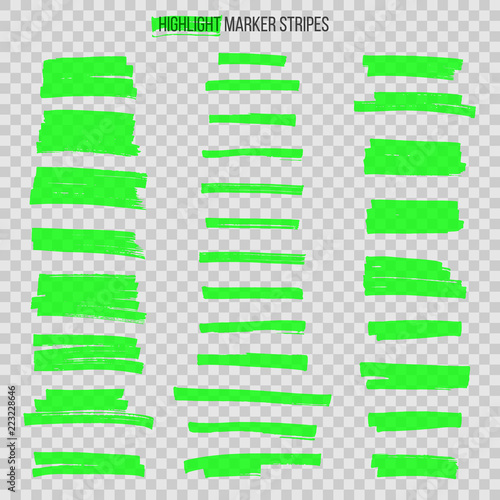 Green semitransparent highlight marker stripes isolated on transparent background. Vector design elements.