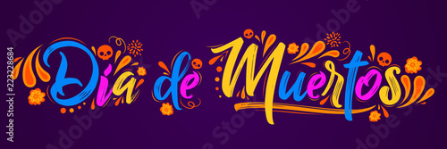 Dia de Muertos, day of Dead spanish text lettering vector illustration